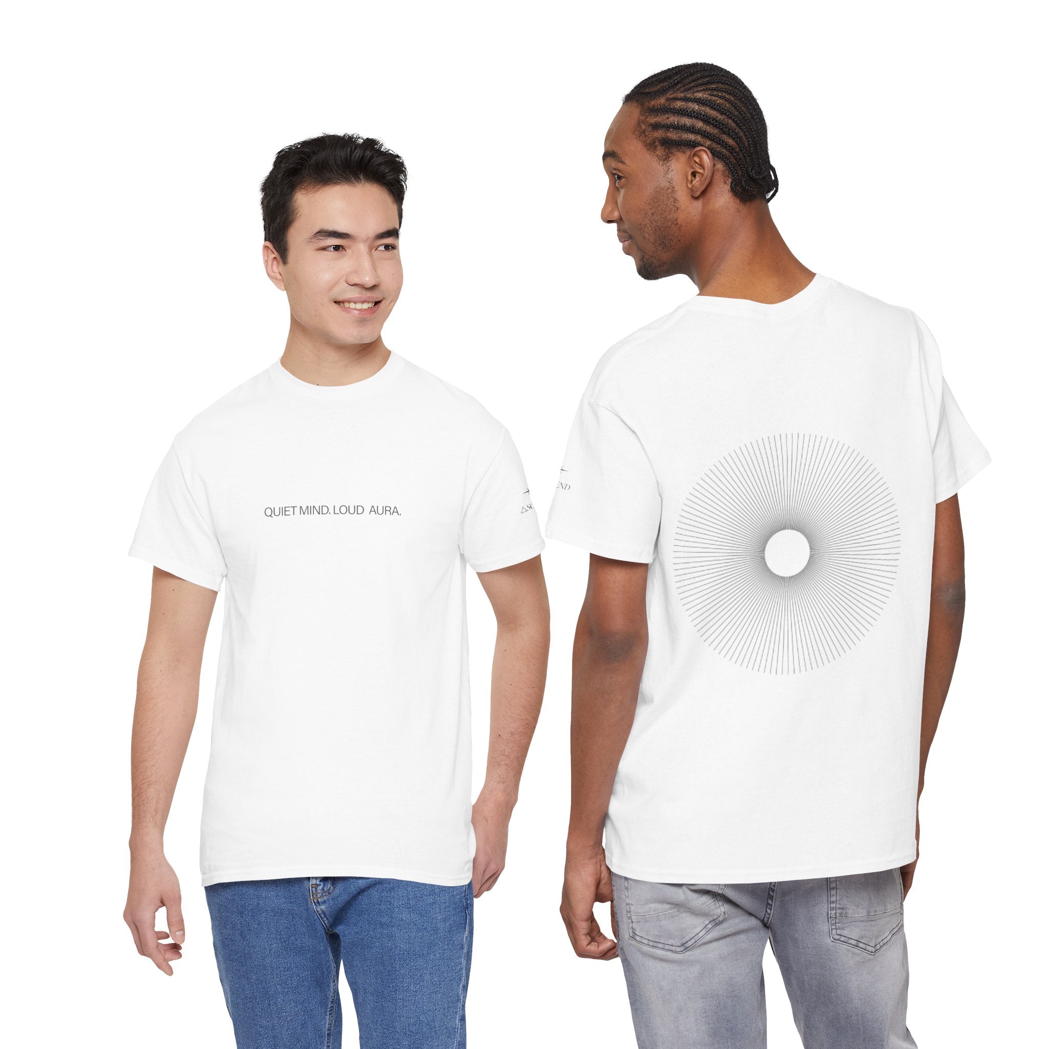 Minimalist Graphic T‑Shirt — "Quiet Minds, Loud Auras" Back Radiant Wave Design