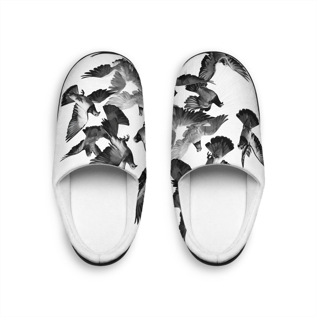 Men’s Indoor Slippers — Monochrome Flying Birds Print Cozy House Shoes