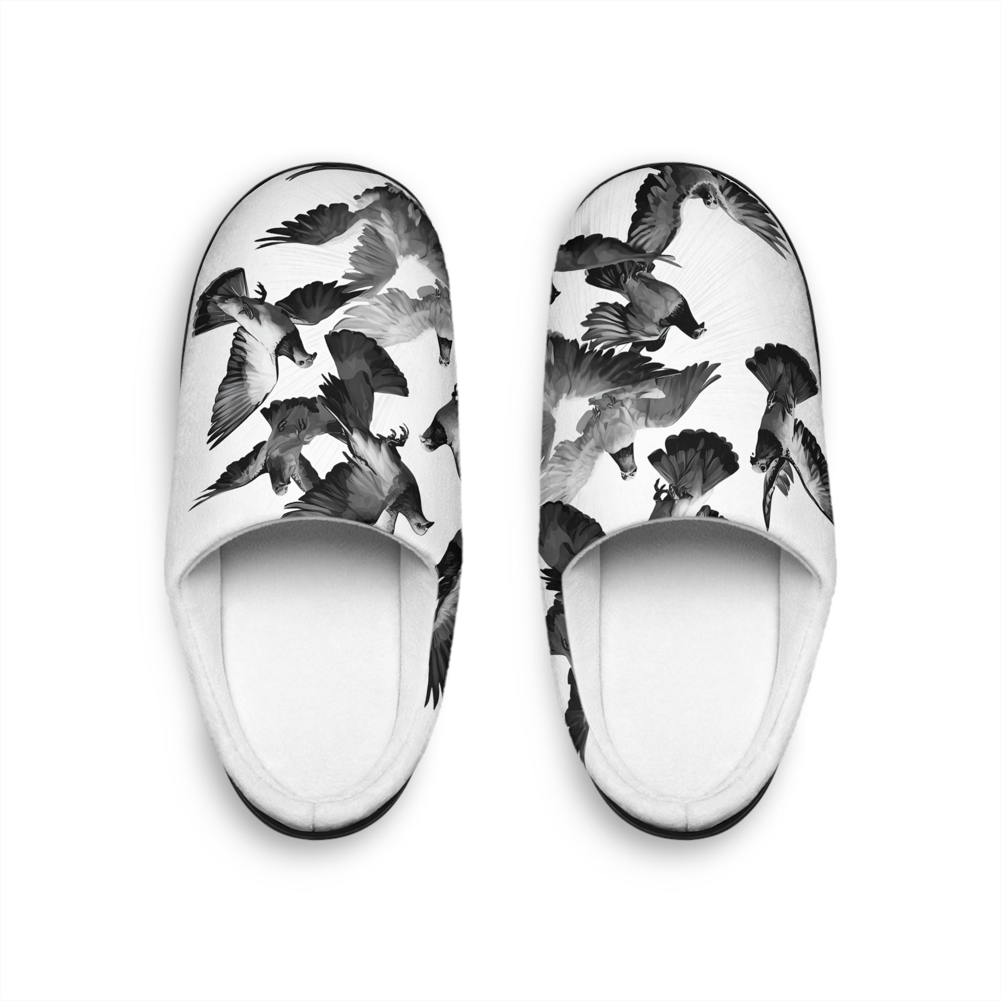Men’s Indoor Slippers — Monochrome Flying Birds Print Cozy House Shoes