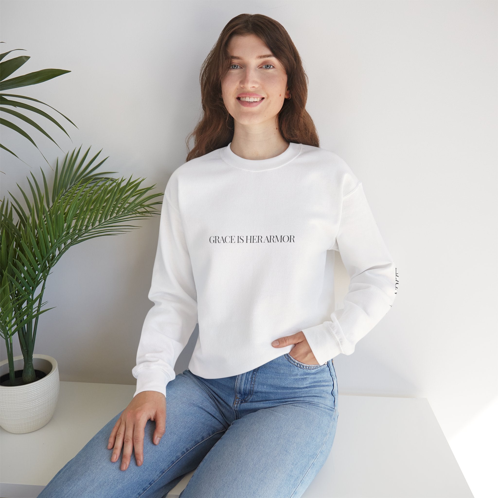 Crewneck Sweatshirt — "I Am We, I She, I Her Armour" Monochrome Portrait