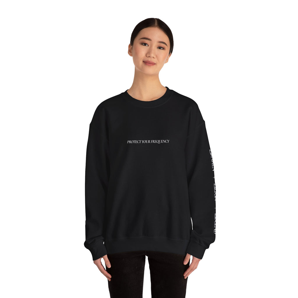 Crewneck Sweatshirt - Minimal 'Protect Your Frequency' Graphic with White Spiral Back Art