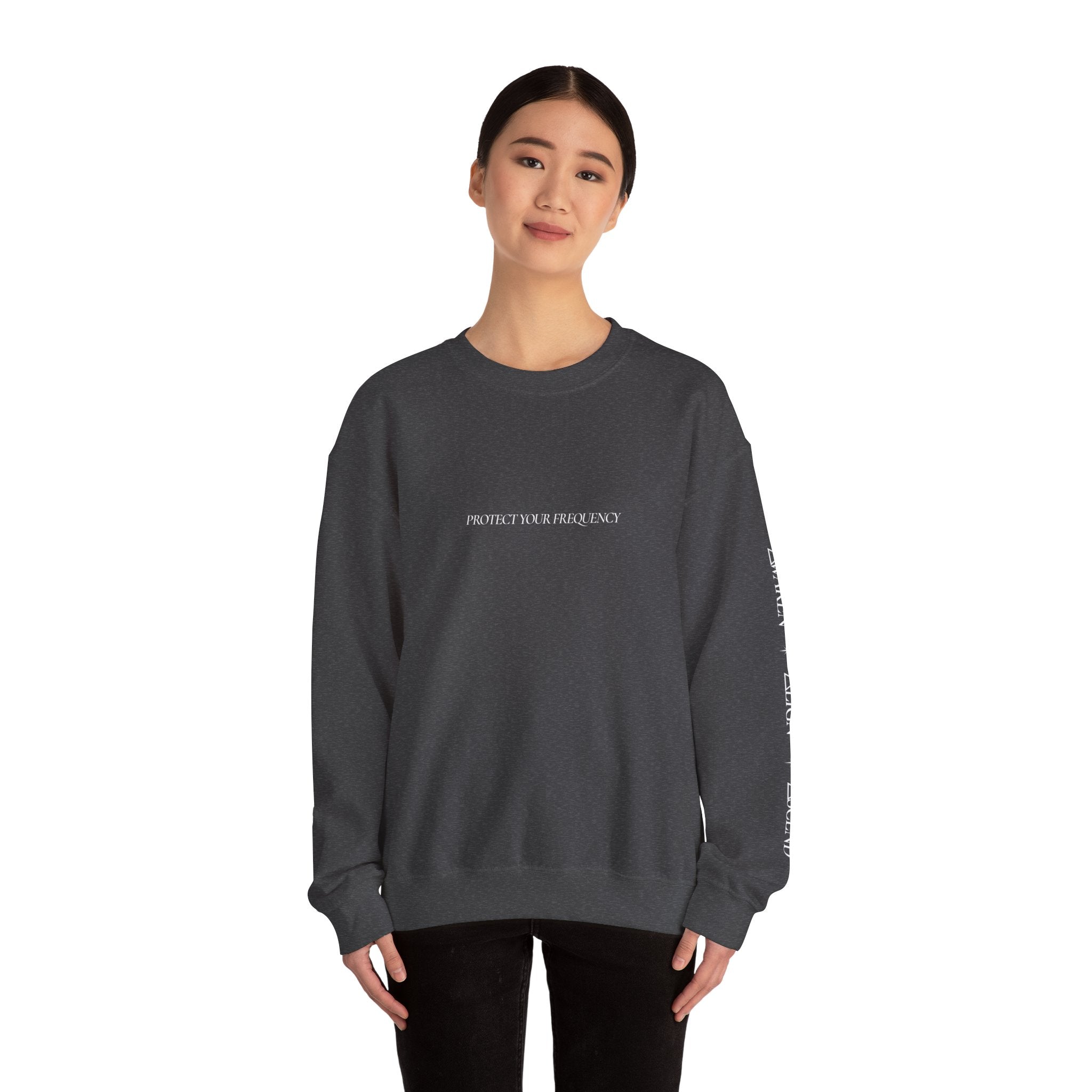 Crewneck Sweatshirt - Minimal 'Protect Your Frequency' Graphic with White Spiral Back Art
