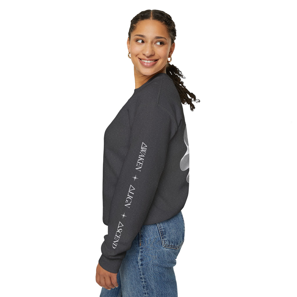Crewneck Sweatshirt - Minimal 'Protect Your Frequency' Graphic with White Spiral Back Art