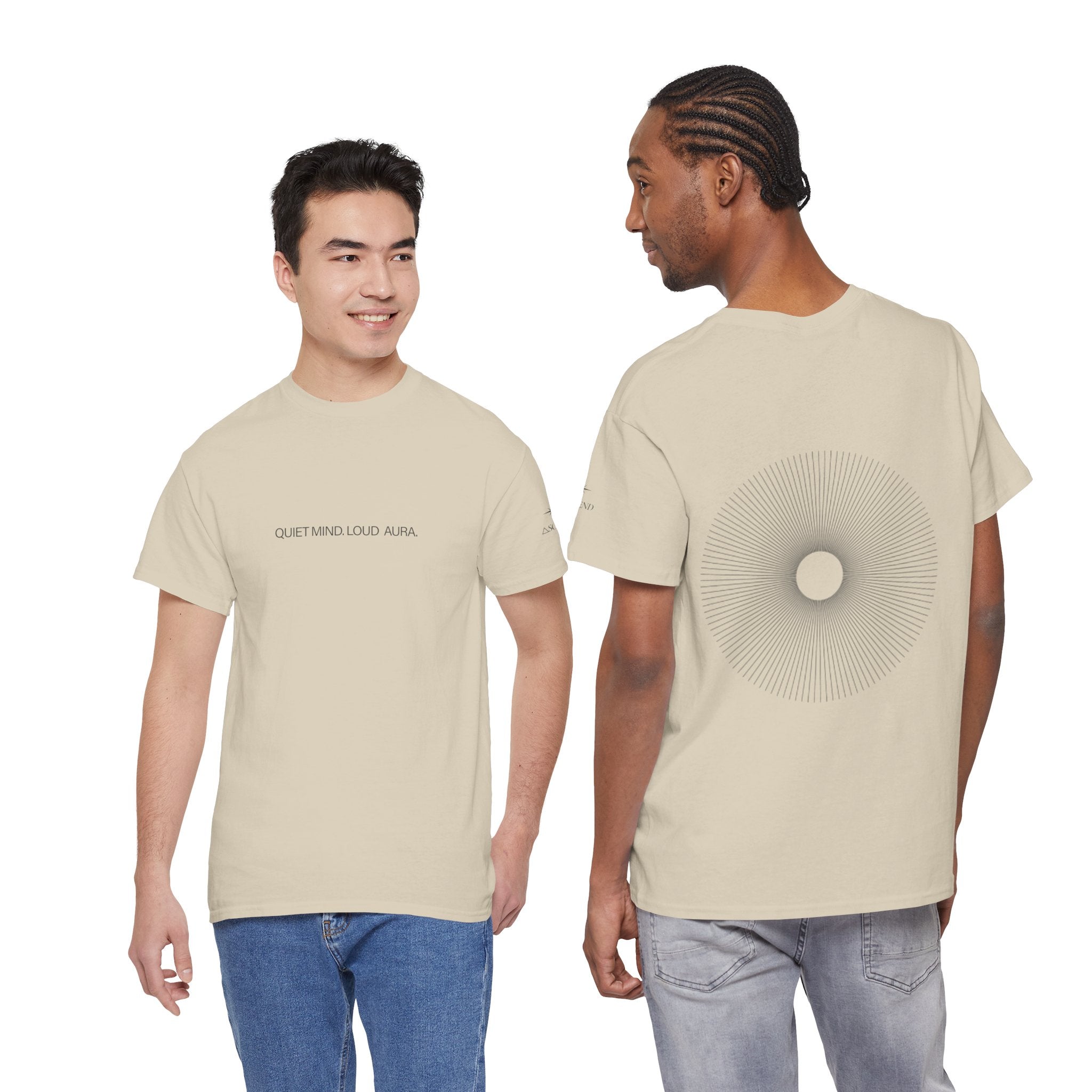 Minimalist Graphic T‑Shirt — "Quiet Minds, Loud Auras" Back Radiant Wave Design
