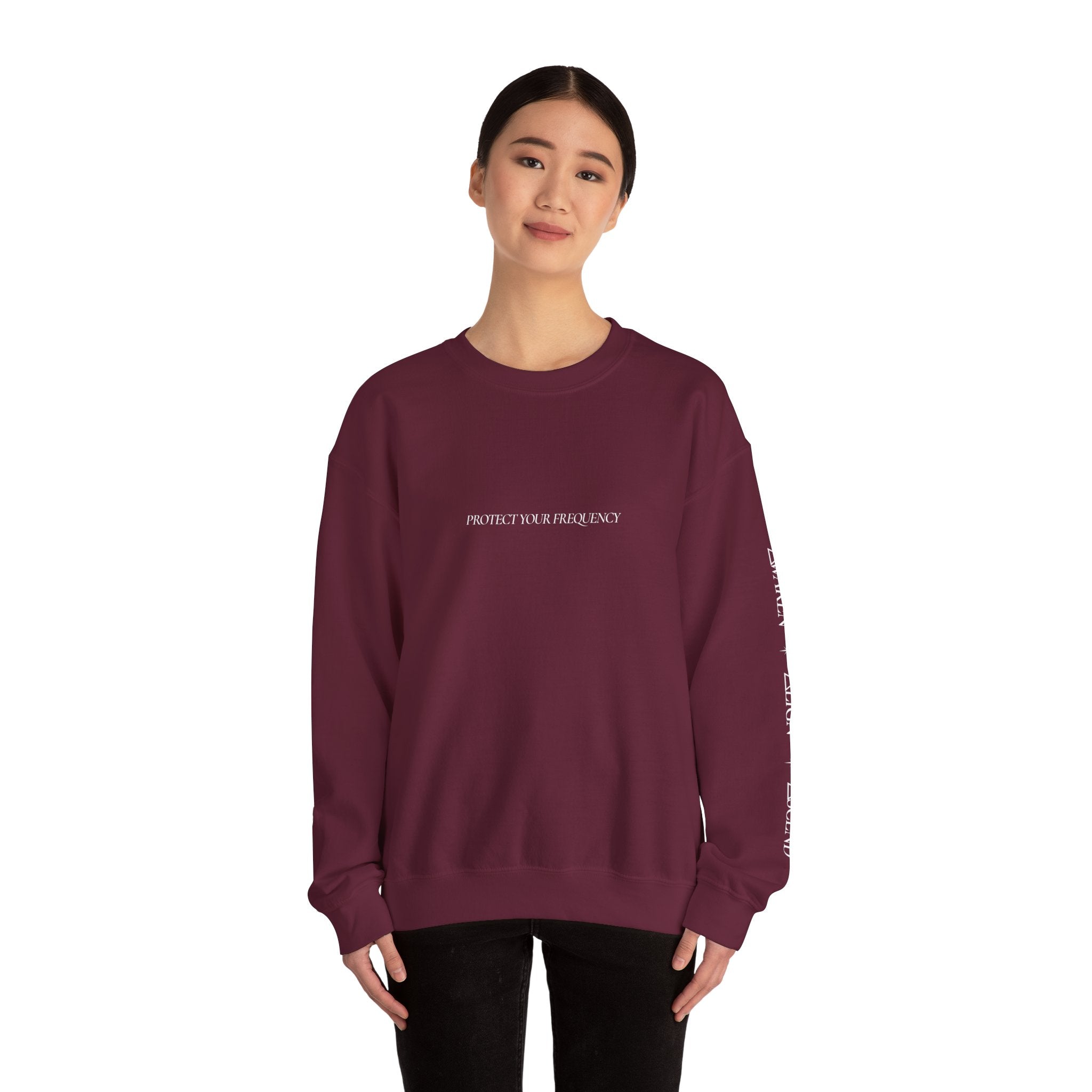 Crewneck Sweatshirt - Minimal 'Protect Your Frequency' Graphic with White Spiral Back Art