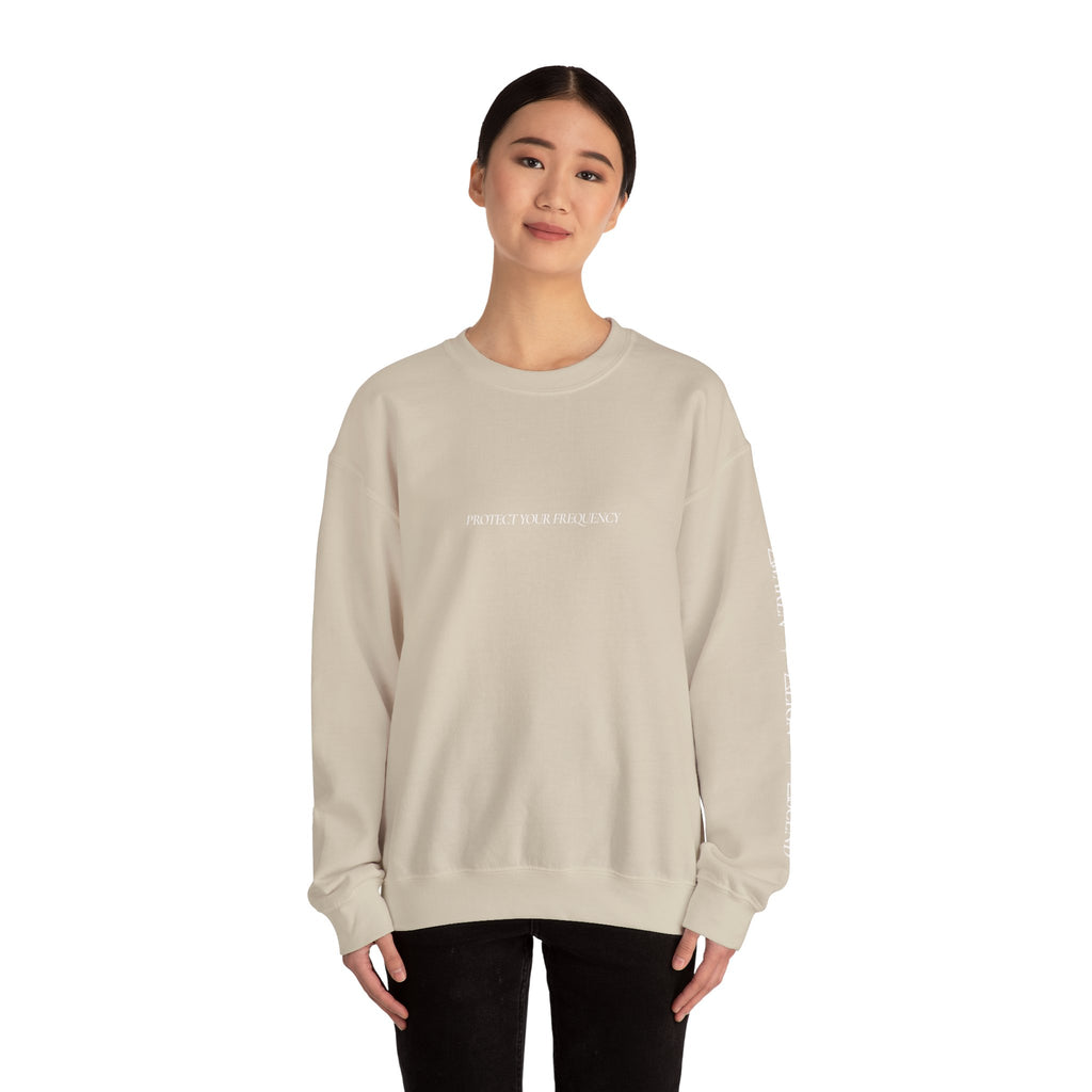 Crewneck Sweatshirt - Minimal 'Protect Your Frequency' Graphic with White Spiral Back Art