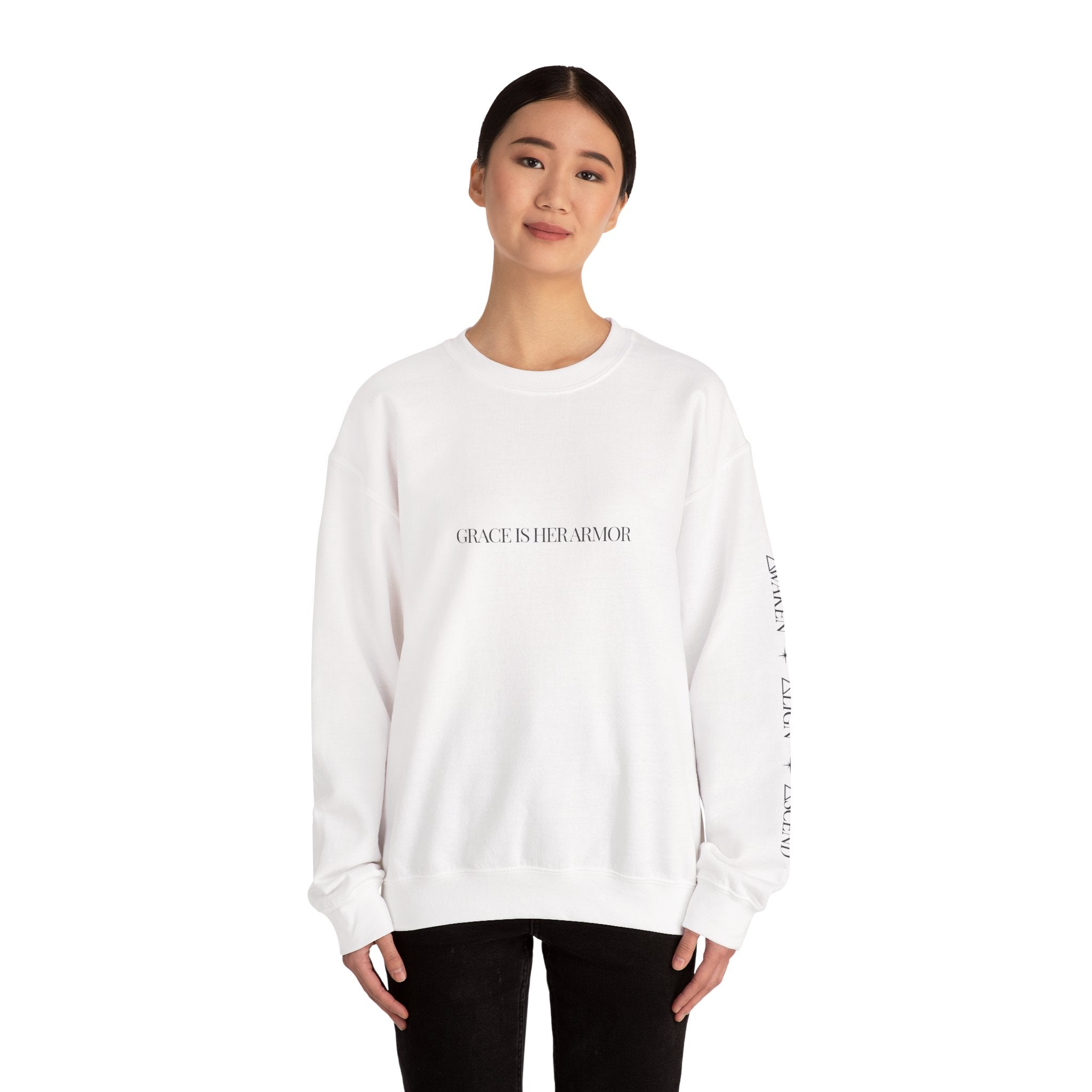 Crewneck Sweatshirt — "I Am We, I She, I Her Armour" Monochrome Portrait