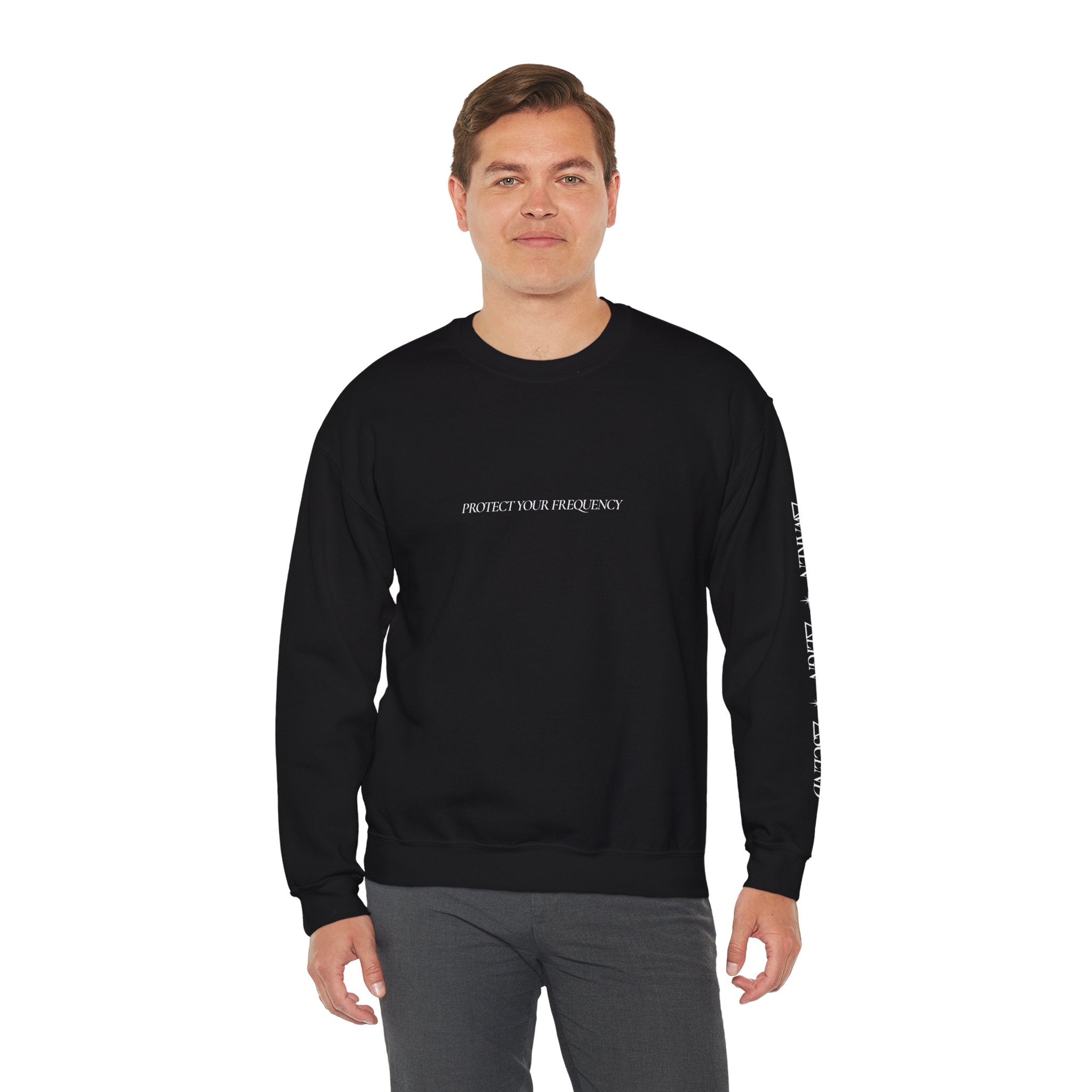 Crewneck Sweatshirt - Minimal 'Protect Your Frequency' Graphic with White Spiral Back Art