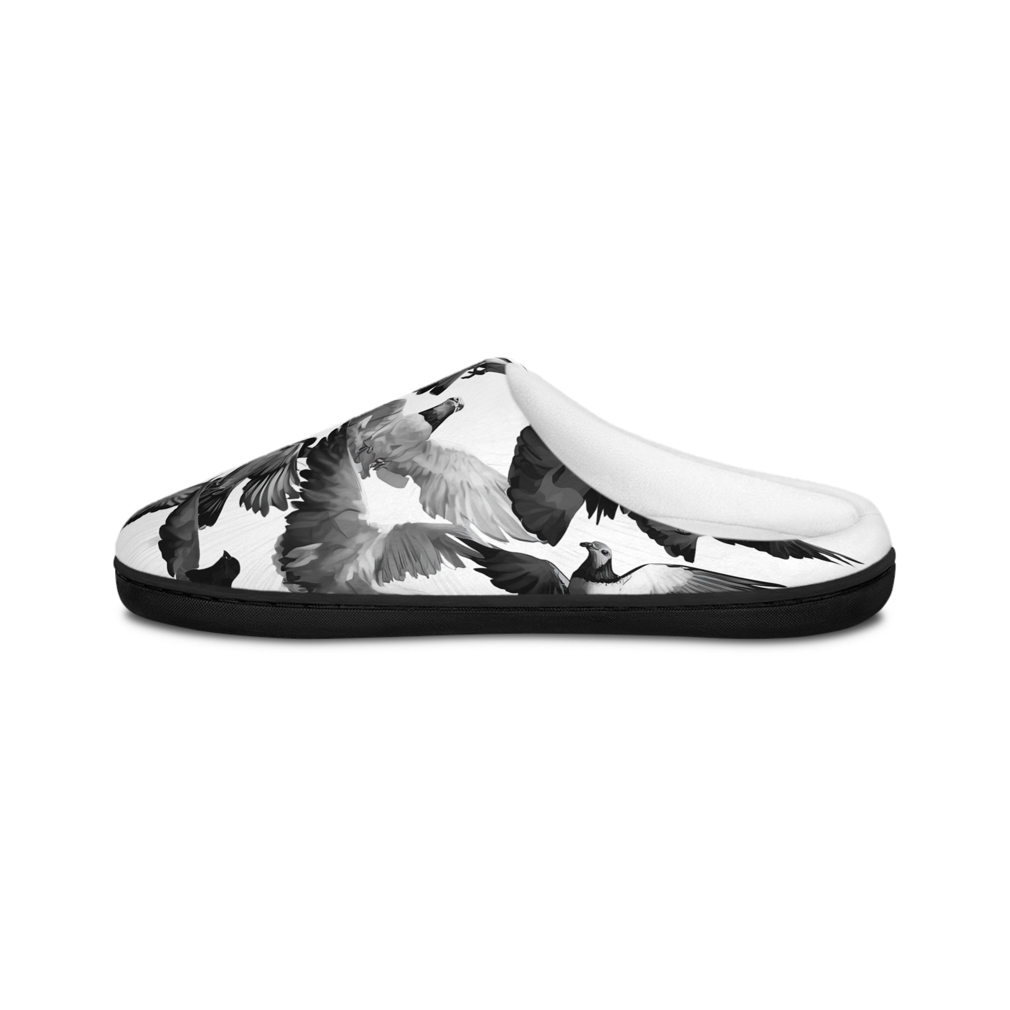 Men’s Indoor Slippers — Monochrome Flying Birds Print Cozy House Shoes
