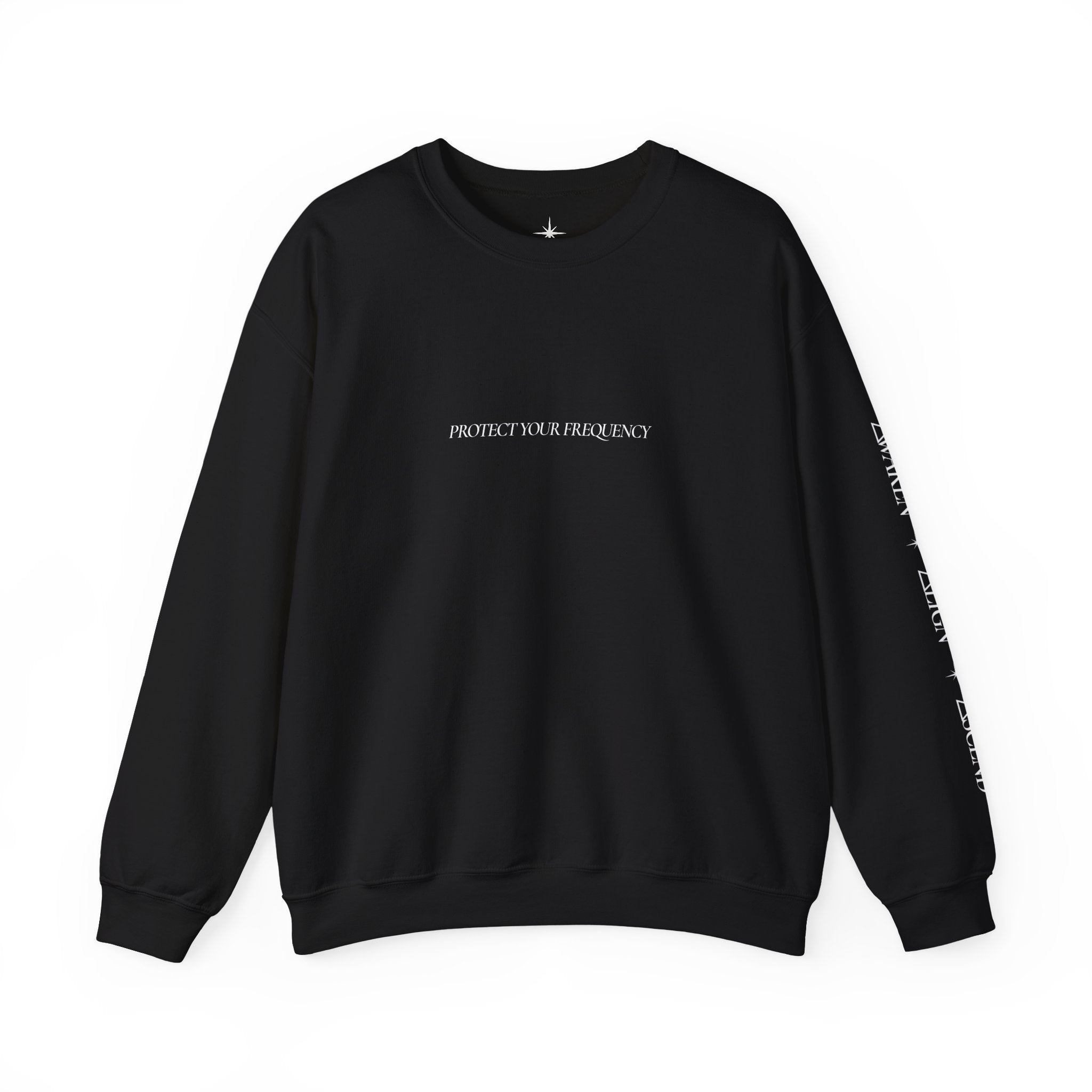 Crewneck Sweatshirt - Minimal 'Protect Your Frequency' Graphic with White Spiral Back Art