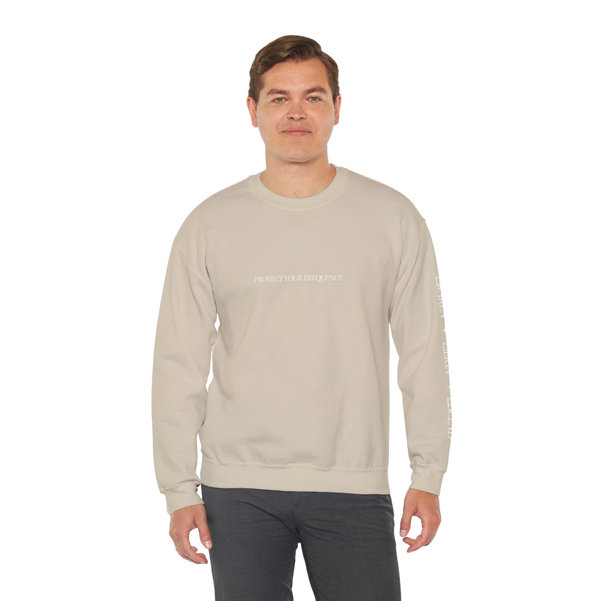 Crewneck Sweatshirt - Minimal 'Protect Your Frequency' Graphic with White Spiral Back Art