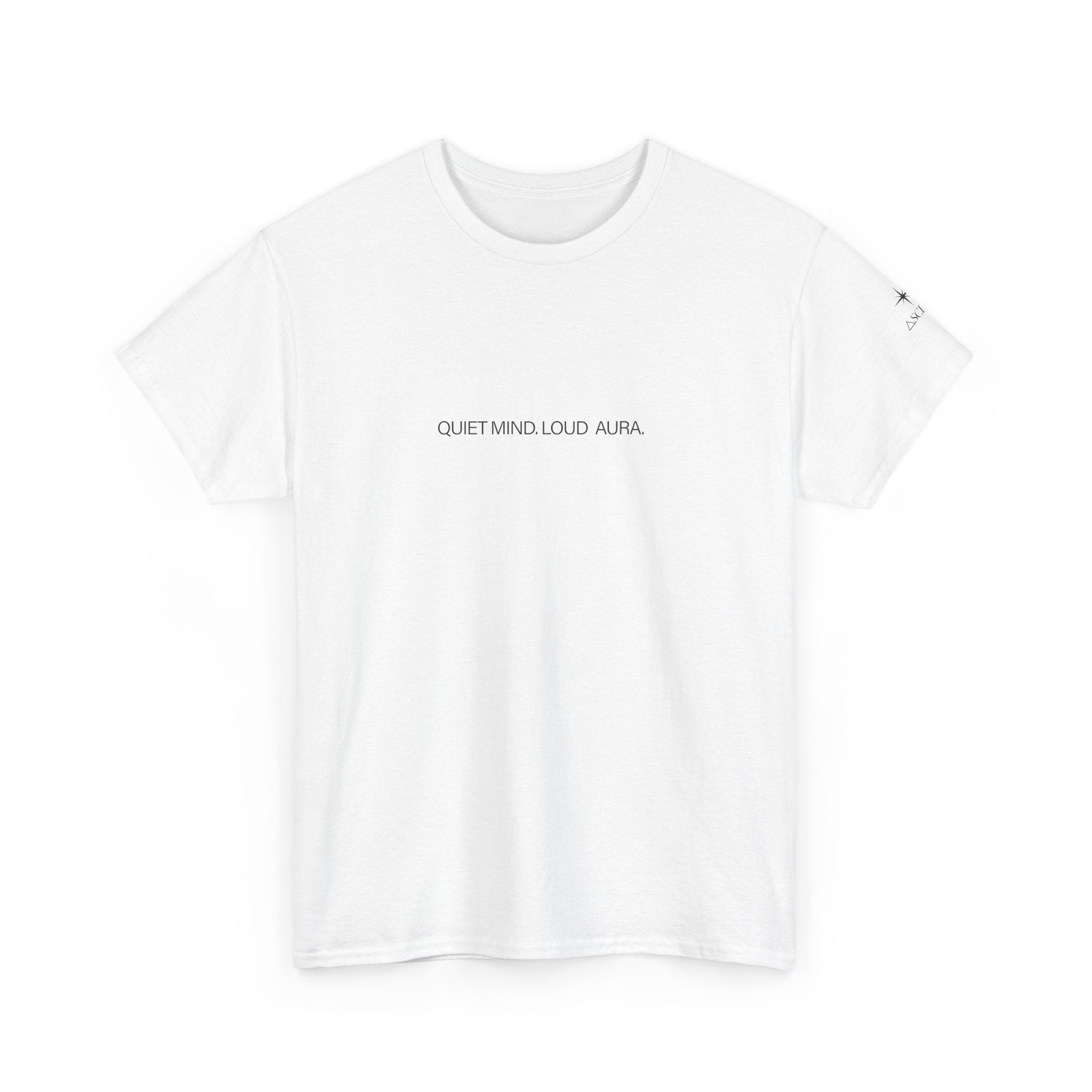 Minimalist Graphic T‑Shirt — "Quiet Minds, Loud Auras" Back Radiant Wave Design